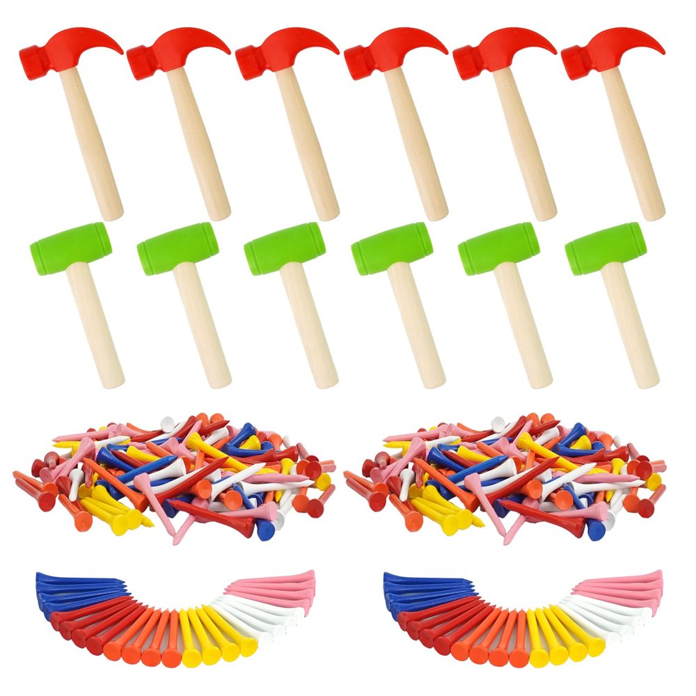 PEDOBALI 12 Pcs Kids Wooden Hammer Toy Small Simulation Hammers with 120 Pcs Colorful Wood Golf Tees Plastic Educational Toys for Children Birthday Party Gift(Red and Green)
