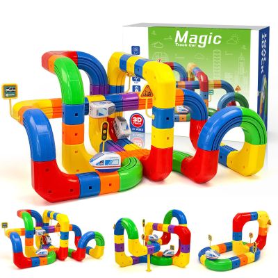 Aesinos Electric Train Set for Kids,Mix-and-Match Cubes Trackfusion Gravity-Defying 3D Embedded Layouts & Motorized Car 3 4 5 6 7 8 Years Old Boys Girls Birthday (123PCS-2Car)