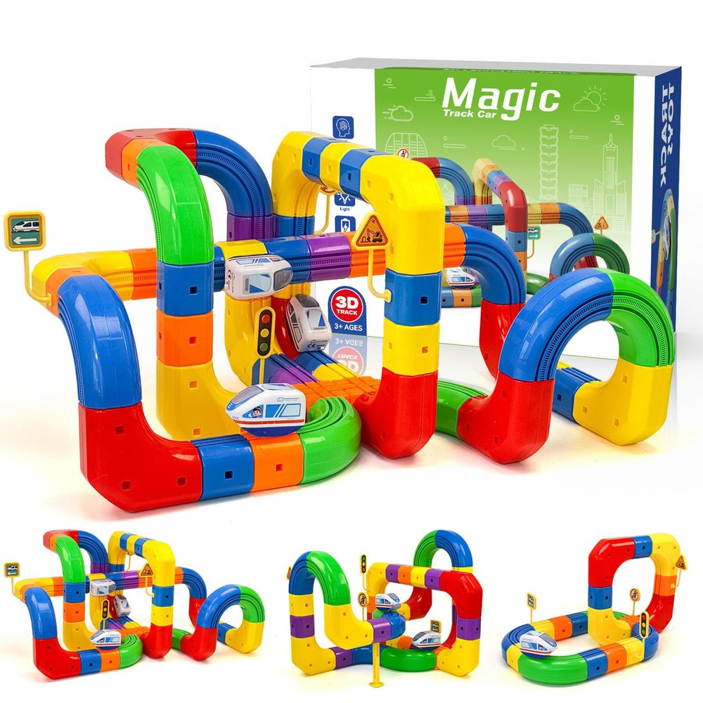 Aesinos Electric Train Set for Kids,Mix-and-Match Cubes Trackfusion Gravity-Defying 3D Embedded Layouts & Motorized Car 3 4 5 6 7 8 Years Old Boys Girls Birthday (123PCS-2Car)