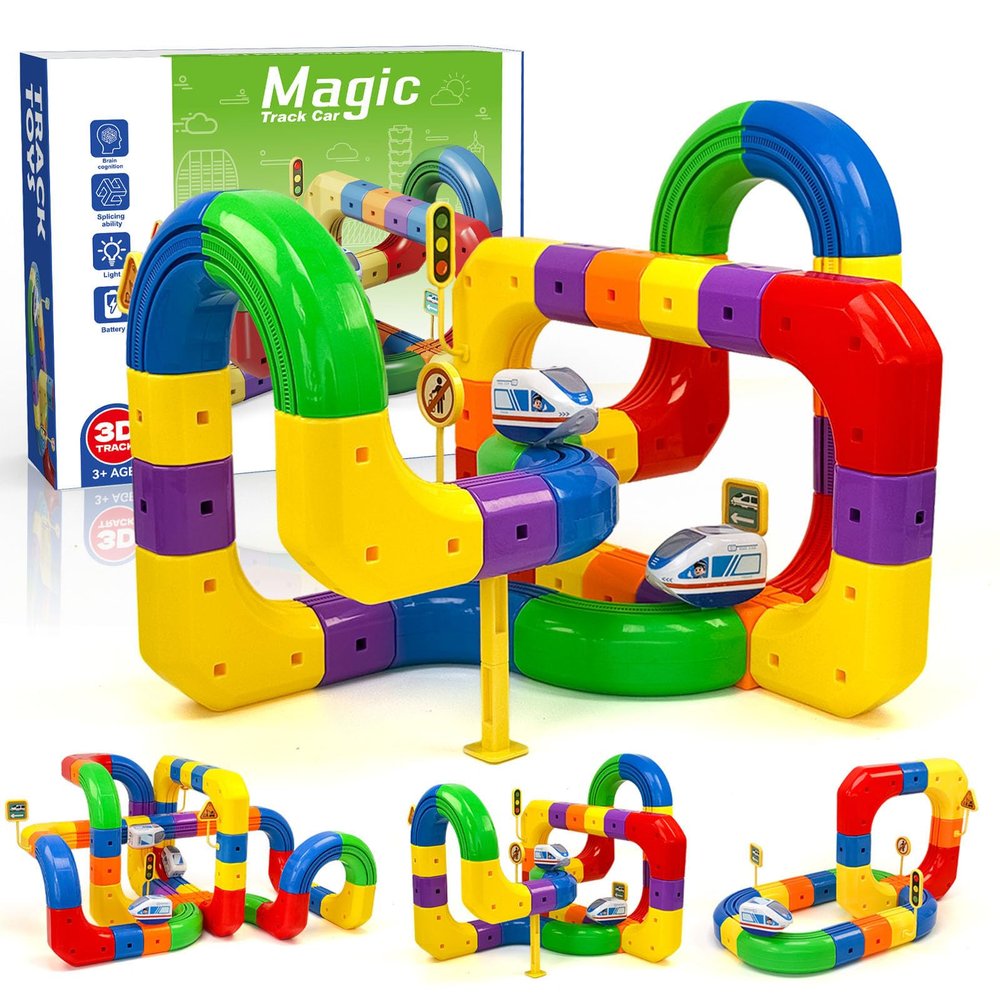 Aesinos Electric Train Set for Kids,Mix-and-Match Cubes Trackfusion Gravity-Defying 3D Embedded Layouts & Motorized Car 3 4 5 6 7 8 Years Old Boys Girls Birthday (81PCS-1Car)