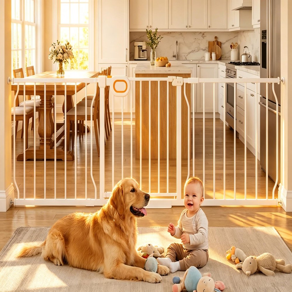 COSEND Baby Gates Extra Wide for Doorways 62.2-66.9 Inch Extra Wide Pressure Mounted Baby Dog Gate for the House Indoor Large Openning Metal Safety Gate No Drilling with Walk-Through Door,White