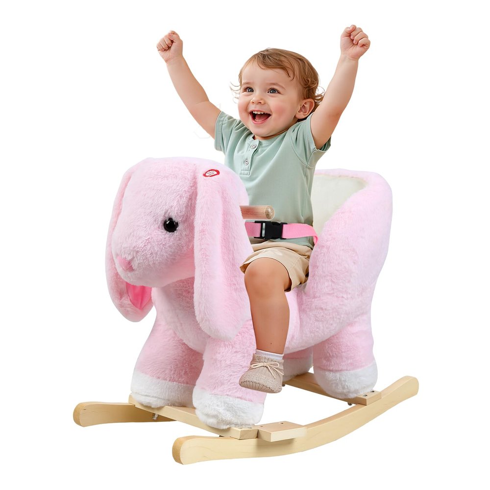 Rocking Horse-Wooden Rocking Horse, Rabbit Animal Rocker with Music, Handle, Foot Pedal, Safety Belt, for Boys Girls