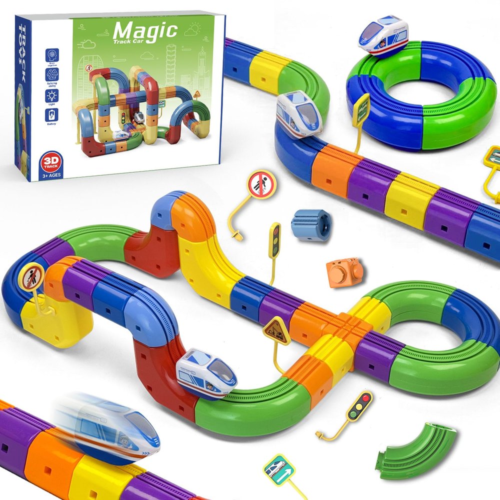 Electric Train Set for Kids,3D Racing Track Toy with Electric Train & Traffic Signs,STEM Learning Toys for Boys Girls Age 3 4 5 6 7 8 9 10 Years Old, Gift for Birthday Christmas (132PCS)
