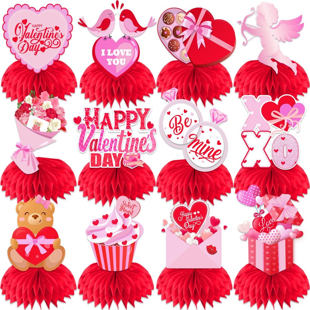 12Pcs Valentines Day Decorations Honeycomb Centerpieces, Pink Heart Cupid Valentines Centerpieces for Tables, 3D Double Sides Valentine's Table Decorations for Home Office Wedding Anniversary