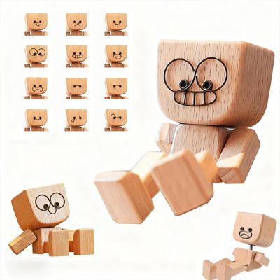 Shaking Wooden Man Figurine for Car Dashboard, Funny Handmade Shak Feet Woodens Doll Suitable for Car Accessories and Desk Decoration with 12PCS Magnetic Expressions