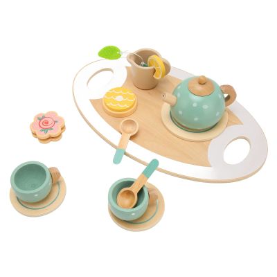 Tea Party Set Wooden Toddler Tea Set with Tray Teapot Teacups Spoons Cakes Coasters for Little Girls Kids Birthday Gift