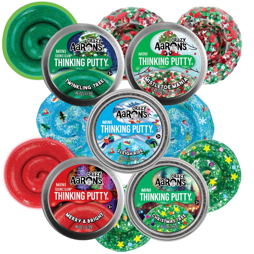 Crazy Aaron's Putty Mini Tins Holiday Set  5 Pack (.46oz Each)  Sleigh Ride, Merry & Bright, Twinkling Tree, Christmas Tree & Mistletoe Mania  Sensory Fidget Gift for Kids Ages 3+