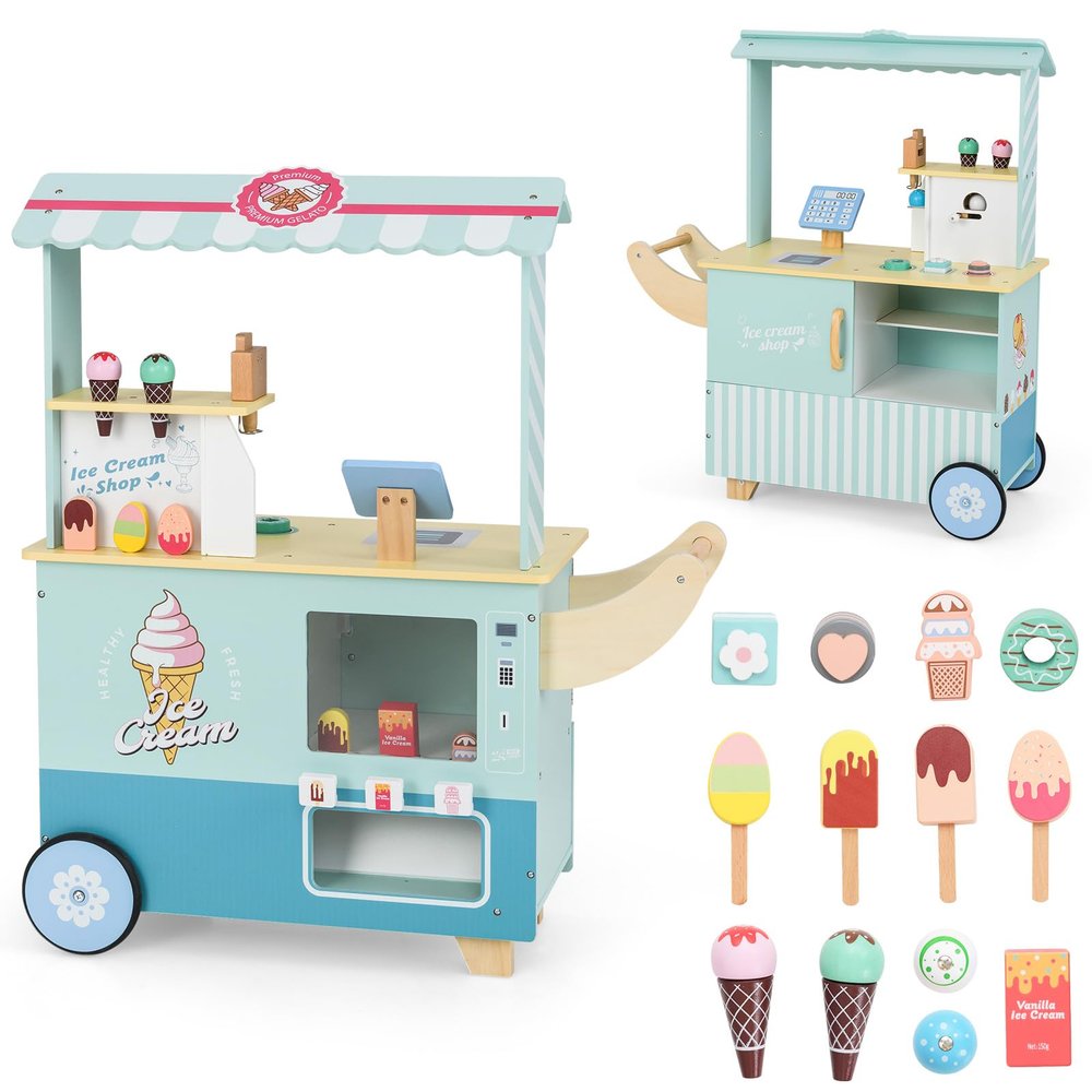 INFANS Ice Cream Cart Grocery Store Marketplace Toy, Market Stand Shop Pretend Play Set with Universal Wheel Food Scale Cash Register Beverage Rack Accessories Gift for Ages 3+