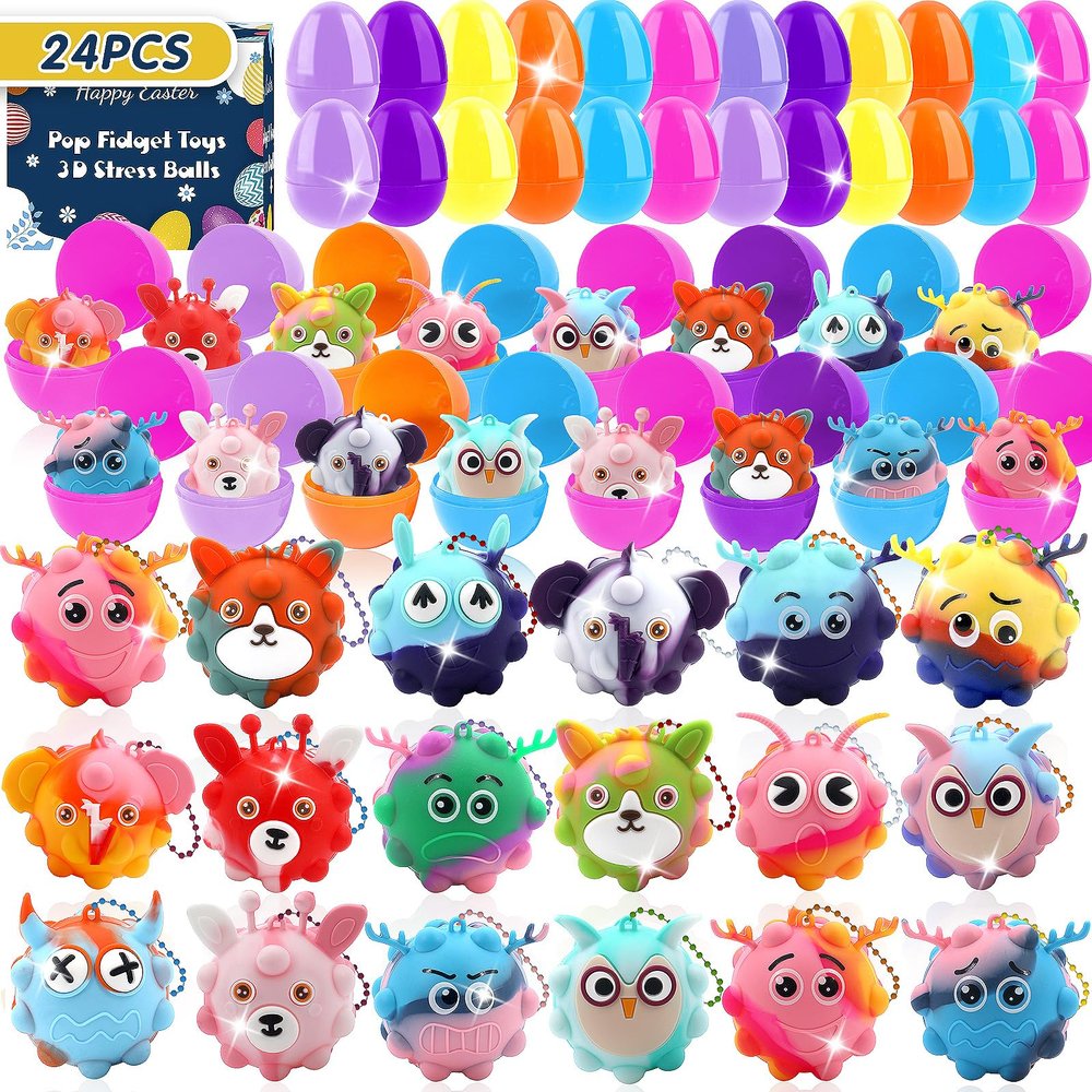 24 Pack Prefilled Easter Eggs with Toys Inside, Easter Basket Stuffers with Pop Fidget Toys Bulk Party Favors, 3D Stress Ball Toys, Egg Fillers, Classroom Prizes Stocking Stuffers for Adults Toddler