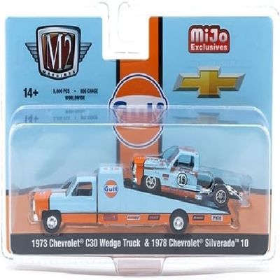 1:64 Diecast Model Car Compatible with 1973 Chevrolet C30 Wedge Truck & 1978 Chevrolet Silverado 10 Bedless Gulf Livery Blue Limited Edition M2 Machines Auto-Haulers 39200-MJS07