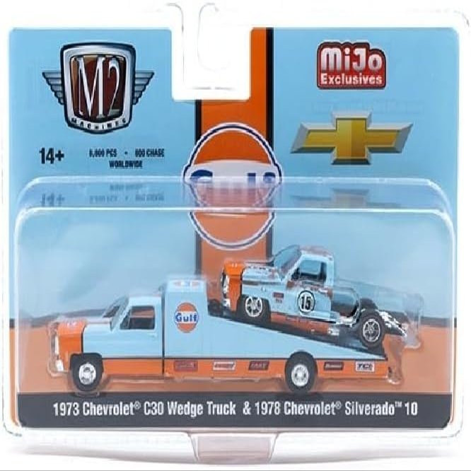1:64 Diecast Model Car Compatible with 1973 Chevrolet C30 Wedge Truck & 1978 Chevrolet Silverado 10 Bedless Gulf Livery Blue Limited Edition M2 Machines Auto-Haulers 39200-MJS07