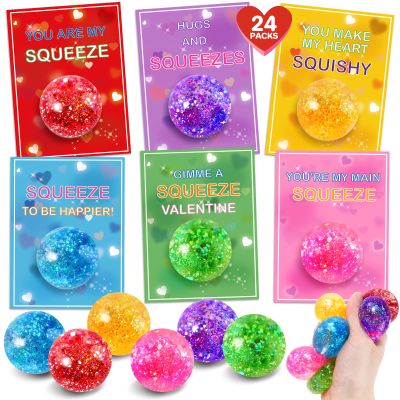 24 Pack Valentines Day Cards for Kids School, Valentines Day Cards with Squeeze Balls Toys for Kids Classroom Exchange, Valentines Day Gifts Squeeze Toys Bulk for Classroom Prizes Party Favors