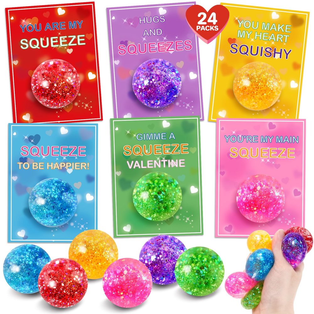 24 Pack Valentines Day Cards for Kids School, Valentines Day Cards with Squeeze Balls Toys for Kids Classroom Exchange, Valentines Day Gifts Squeeze Toys Bulk for Classroom Prizes Party Favors