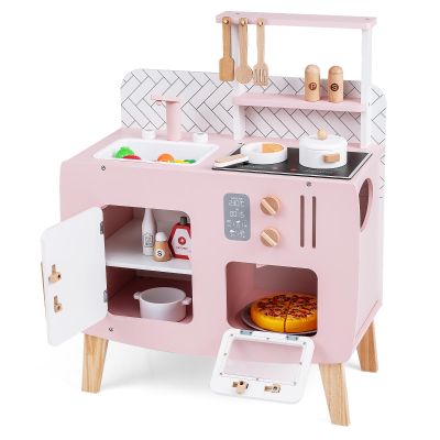 Costzon Kids Kitchen Playset, Toddler Interactive Pretend Play Toy w/Oven, Stove, Sink, Faucet, Storage Space, Cooking Accessories, Wooden Play Kitchen for Kids 3+, Gift for Boys & Girls, Pink