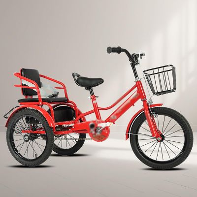 SRNSAEB Adjustable Height Dual Seat Tandem Tricycle for Kids/Children, Detachable & Comfort 3 Wheel Cruiser Bike W/Dual Brakes, Three Wheel Bicycle Carrying Passengers(Red,20in)