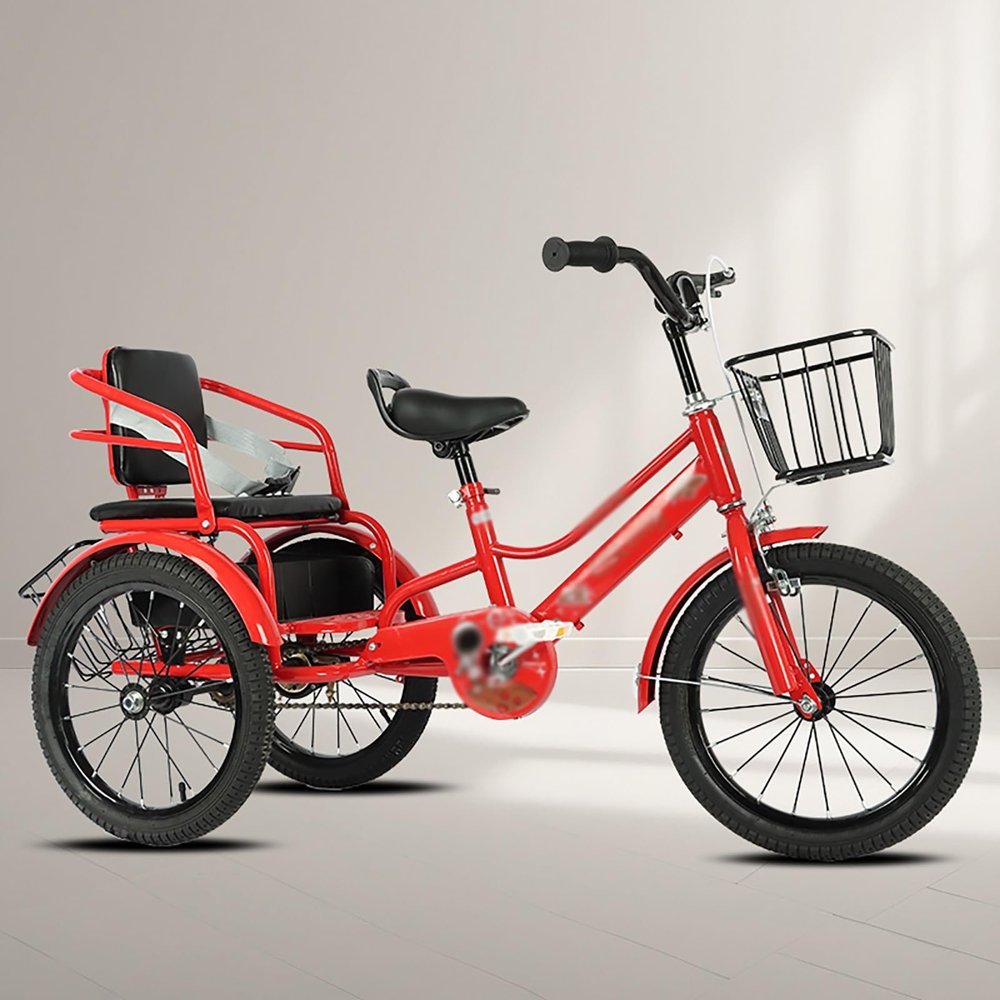SRNSAEB Adjustable Height Dual Seat Tandem Tricycle for Kids/Children, Detachable & Comfort 3 Wheel Cruiser Bike W/Dual Brakes, Three Wheel Bicycle Carrying Passengers(Red,20in)