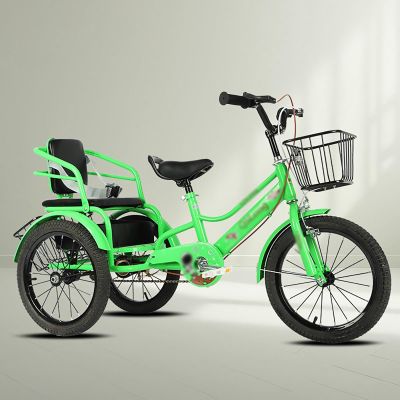 SRNSAEB Child Tandem Three Wheel Bike for Cycling/Outing/Picnic, Folding Two Seater Cruiser Bike with Seat Belt/Front Rear Baskets, Adjustable Handle Kid Tricycle(Green,16in)