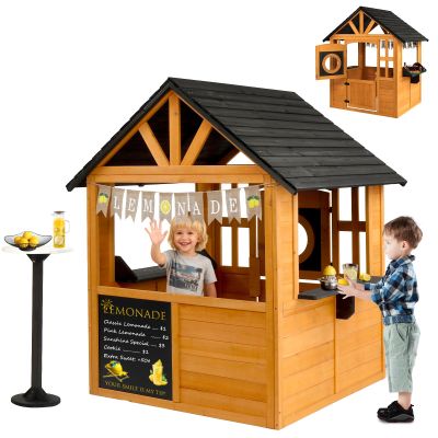 JOYMOR Kids Wooden Lemonade Stand Outdoor Playhouse for Ages 3-8, Pretend Play BBQ with 50 Accessories, Lemon Sign Banner & Split Door for Kids Outdoor Backyard Imaginative Play (Light Brown)