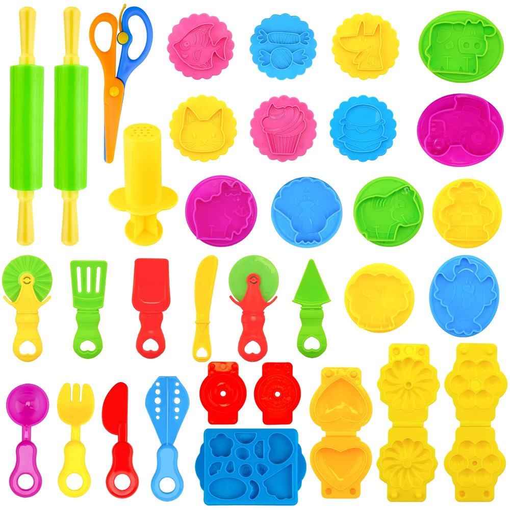 iShyan Dough Tools Play for Kids,33 PCS Dough Tool Set Includes Rolling Pins,Safety Scissors,Extruder,Kitchen Creative Tools and Molds