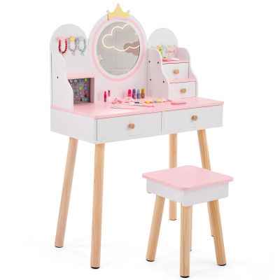 Eikyutora Wood Makeup Vanity Table and Stool Set,Bedroom Dressing Desk,Rectangular Activity Tables,Wooden Vanity Table Set,with Mirror & Drawers,for Small Space Living Room Playroom (White & Pink)