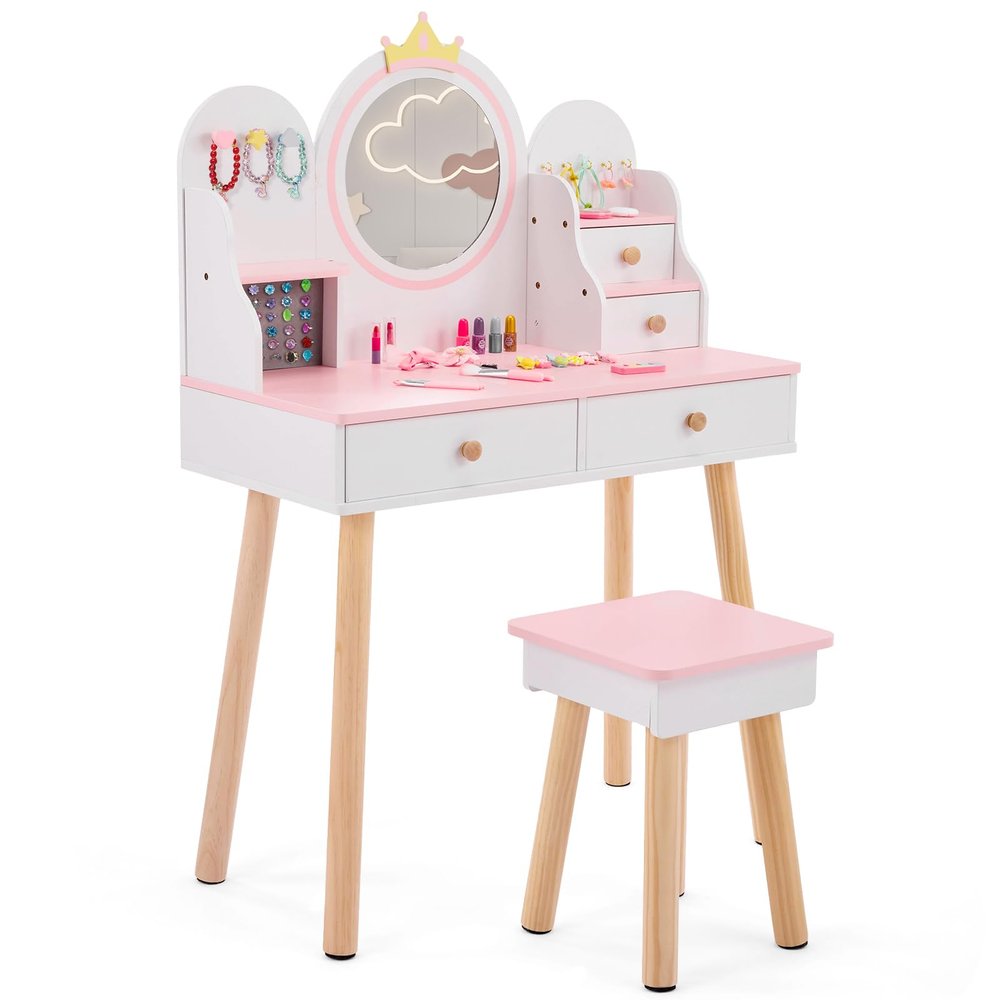 Eikyutora Wood Makeup Vanity Table and Stool Set,Bedroom Dressing Desk,Rectangular Activity Tables,Wooden Vanity Table Set,with Mirror & Drawers,for Small Space Living Room Playroom (White & Pink)