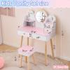 Eikyutora Wood Makeup Vanity Table and Stool Set,Bedroom Dressing Desk,Rectangular Activity Tables,Wooden Vanity Table Set,with Mirror & Drawers,for Small Space Living Room Playroom (White & Pink) view 2