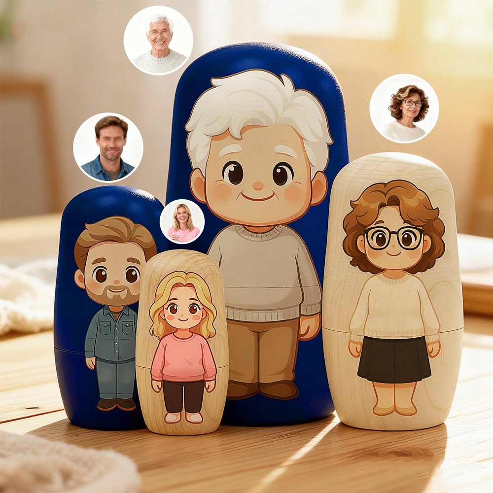SOUFEEL Personalized Matryoshka Nesting Dolls, Custom Family Photo in Cartoon Style, Unique Valentines Gift for Couples, Parents & Friends, Animal Nesting Dolls Also Available