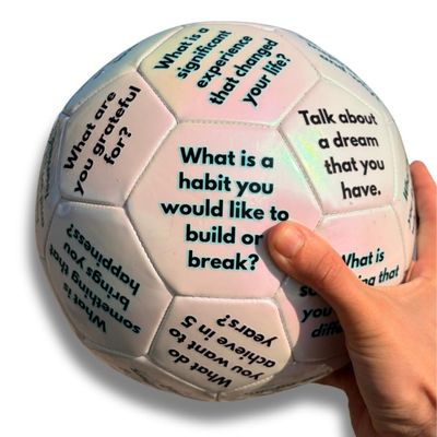 StayCalm Wellness Products Therapeutic Conversation Ball, 30 Questions for Group Activities, Therapy Sessions, Family Discussions, Iridescent Soccer Ball Design