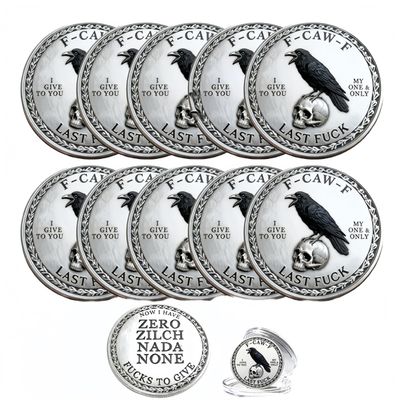 10PCS The F-CAW-F Coin for Those Who Laugh at Life and Give Zero F*CKS!3D Metal Engraved Coin with case,Black Raven Last Fuck Coin,Adult Humor Gift for Friends