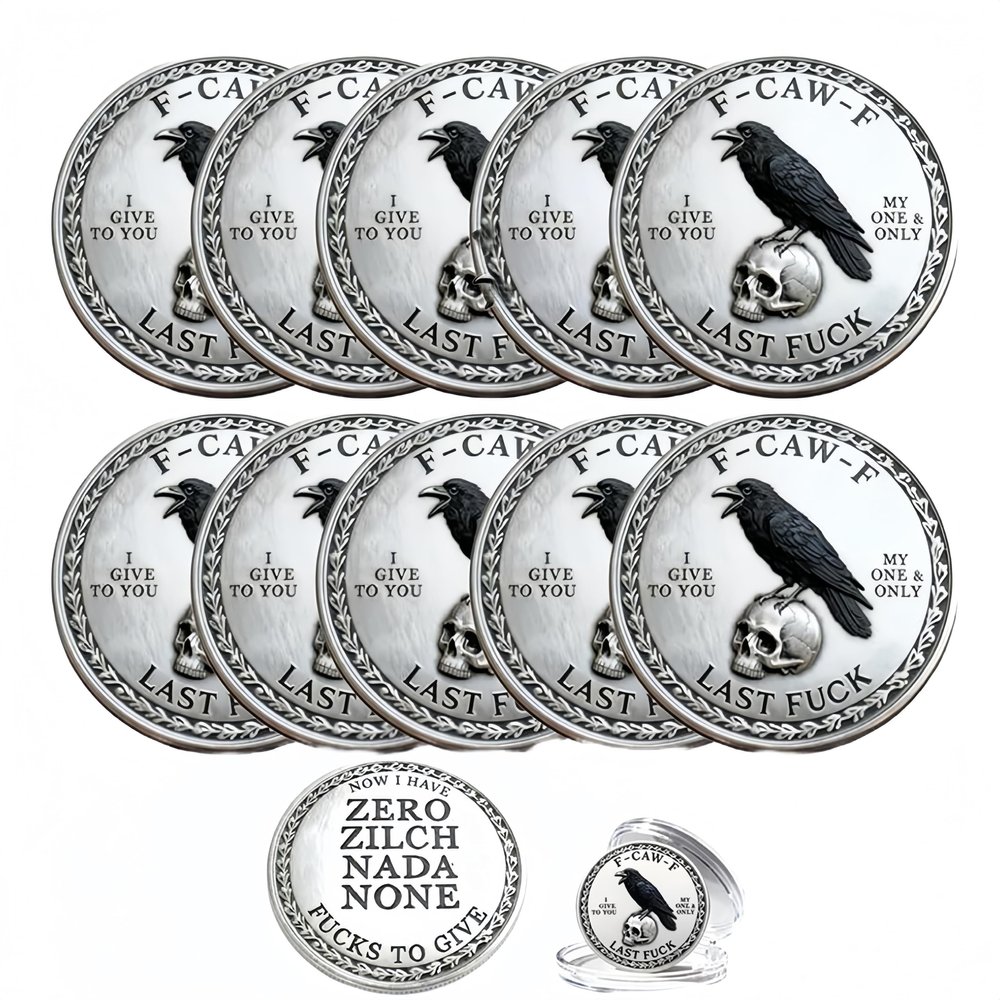 10PCS The F-CAW-F Coin for Those Who Laugh at Life and Give Zero F*CKS!3D Metal Engraved Coin with case,Black Raven Last Fuck Coin,Adult Humor Gift for Friends