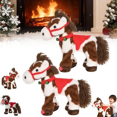 2Pcs Spotted Electric Plush Horse, Interactive Soft Adorable Pony with Joyful Neighing Sound Cute Plushie Red Saddle Green Jingle Bell Walking Wagging Head Tail Stuffed Pet Christmas Birthday Gifts