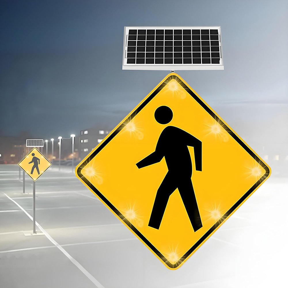24" Solar LED Pedestrian Crossing Sign, Reflective Aluminum Stop Sign, Rust-Proof Traffic Warning, High Brightness, Energy Efficient, Durable for Safety