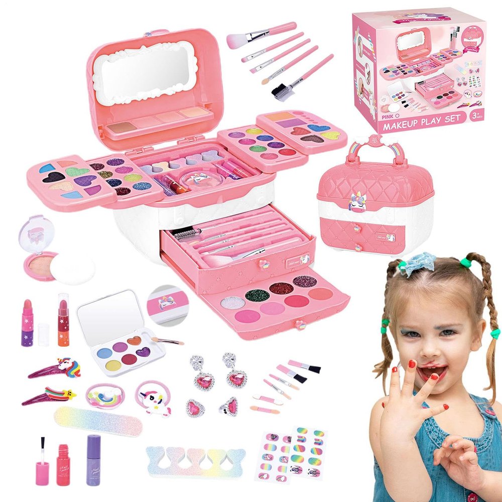 72-Piece Pink Makeup Set , Washable Makeup Set with Mirror, Children's Pretend Play Game,Child Play Makeups Toys , Age 3-12 Year Old Children