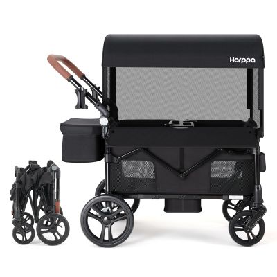 HARPPA All-Terrain Wagon Stroller for 2 Kids, Foldable Outdoor & Beach Stroller Wagon with Removable Canopy Mosquito Net,Adjustable Push & Pull Handle, Footwell & Large Storage, Black