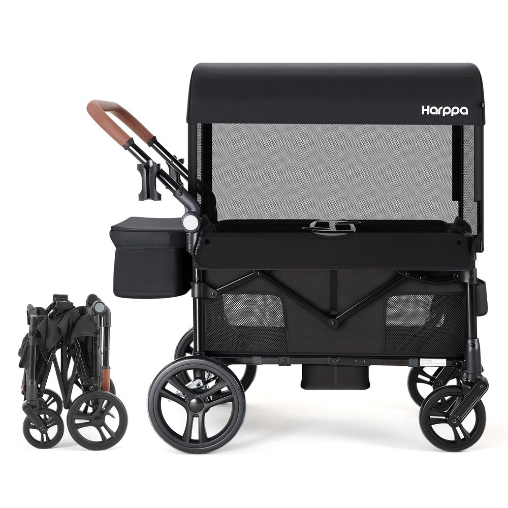 HARPPA All-Terrain Wagon Stroller for 2 Kids, Foldable Outdoor & Beach Stroller Wagon with Removable Canopy Mosquito Net,Adjustable Push & Pull Handle, Footwell & Large Storage, Black