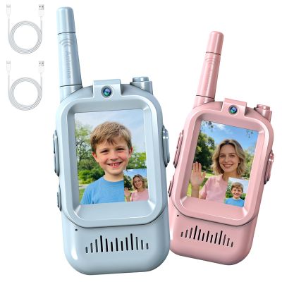 Video Walkie Talkies for Kids, 2 Pack Rechargeable Walkie Talkies with Screen,Long Range 2 Way Radio with 4 Voice Effects, Outdoor Adventure Camping Hiking, Birthday with Pink Blue Design
