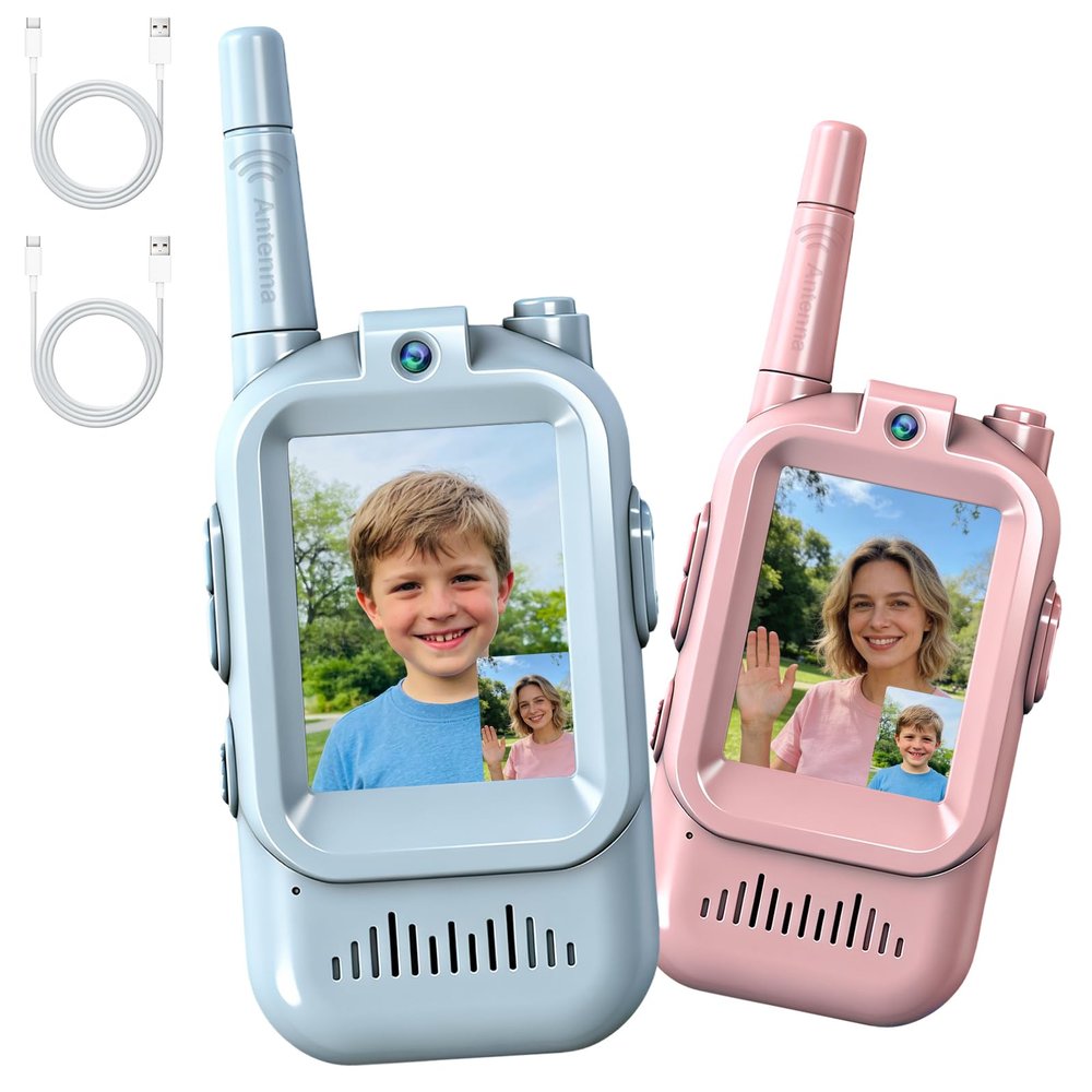 Video Walkie Talkies for Kids, 2 Pack Rechargeable Walkie Talkies with Screen,Long Range 2 Way Radio with 4 Voice Effects, Outdoor Adventure Camping Hiking, Birthday with Pink Blue Design