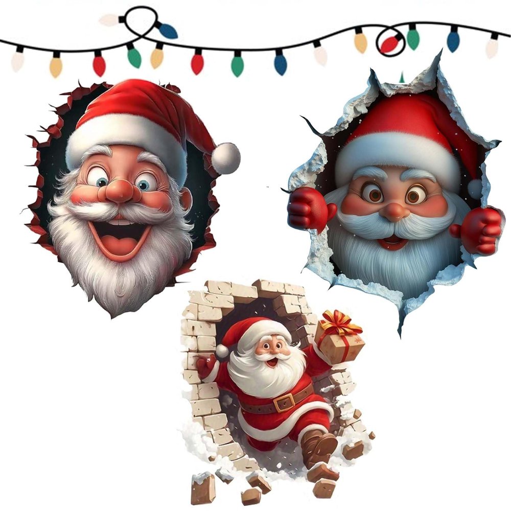Christmas Creative Wall Stickers, Christma 3D Santa Wall Sticker Removable, Creating Breaking Through Wall Design,Reindeer Cartoon Funny Christmas Wall Stickers Living Room Dcor (3PCS-A)