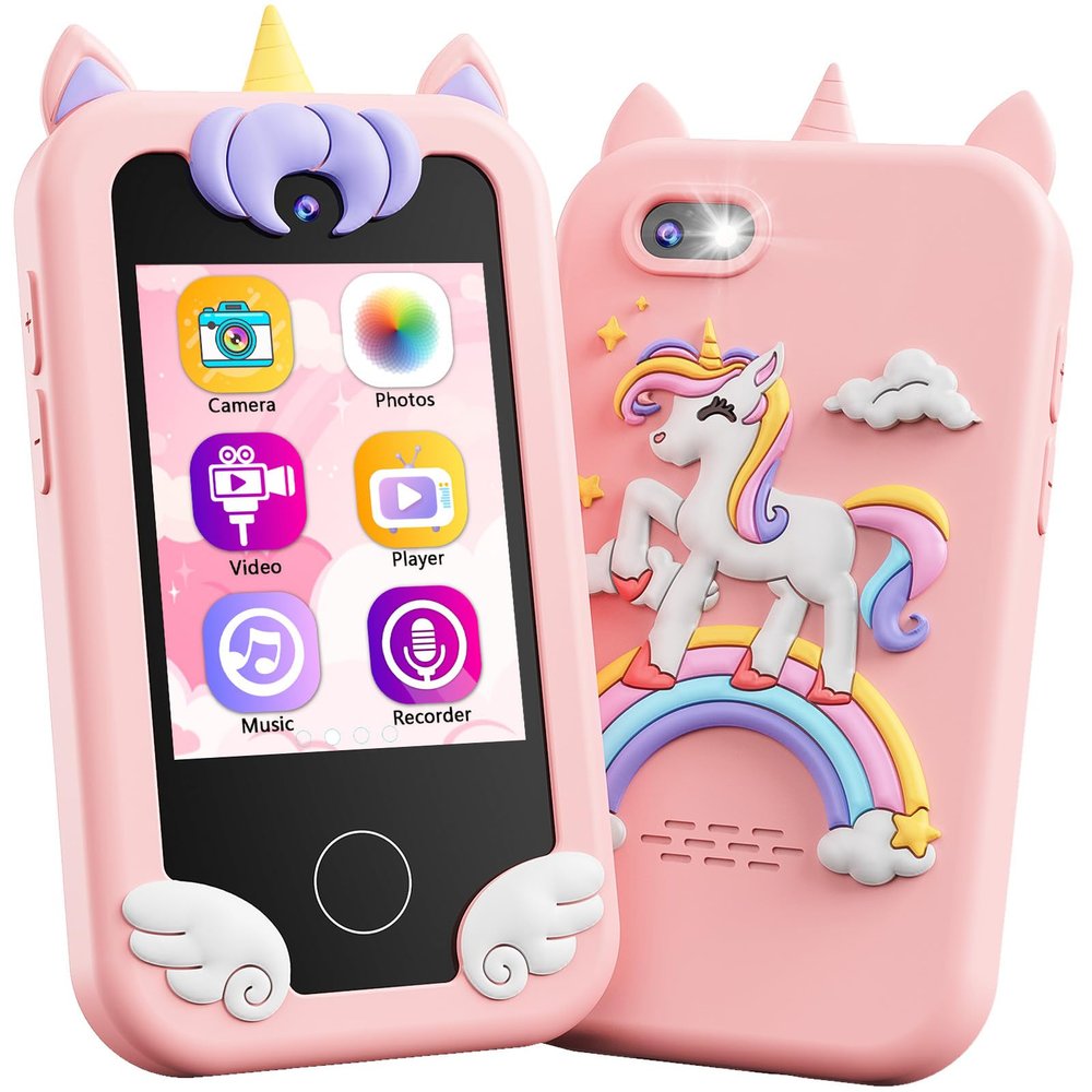 KOKODI Kids Smart Phone Toys, Birthday Gifts Unicorn Toddler Play Phone for Girls 3-10, Touchscreen HD Dual Camera Cell Phones for Kids, Travel Toys Preschool Learning Toy for Kid with 8GB SD Card