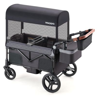 HARPPA Foldable Wagon for Kids, 2 Seater Stroller Wagon with Seats, One-Button Fold, UPF50+ Canopy & Mosquito Net, 8''/12''All-Terrain Wheels, Adjustable Handle, Easy to Store Dark Gray