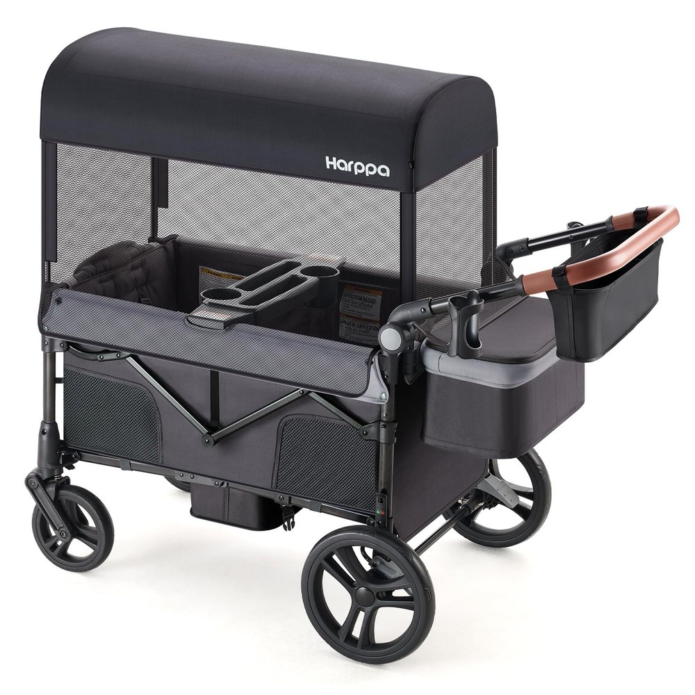 HARPPA Foldable Wagon for Kids, 2 Seater Stroller Wagon with Seats, One-Button Fold, UPF50+ Canopy & Mosquito Net, 8''/12''All-Terrain Wheels, Adjustable Handle, Easy to Store Dark Gray