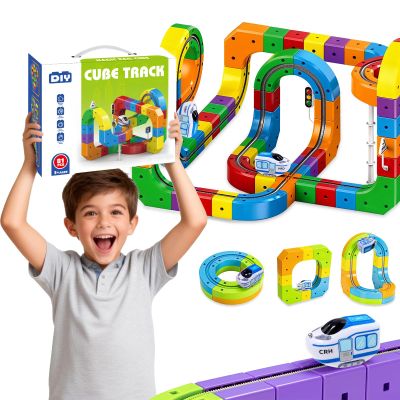 Electric Train Set for Kids, 81PCS Build 3D Racing Track Set with Electric Train, Traffic Signs, STEM Race Track Car Toy Suit for Kids, 3 4 5 6 7 8 Years Old Boys & Girls Birthday