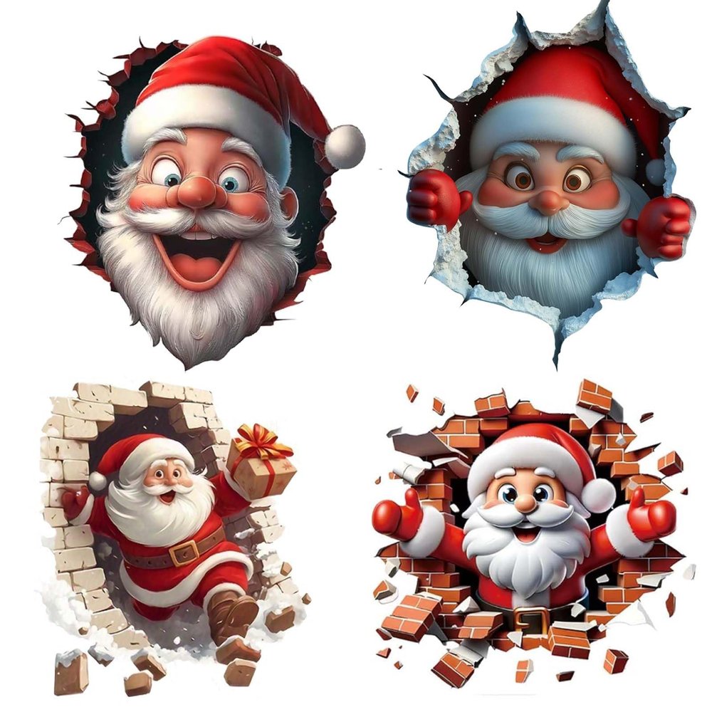 Christmas Creative Wall Stickers, Christma 3D Santa Wall Sticker Removable, Creating Breaking Through Wall Design,Reindeer Cartoon Funny Christmas Wall Stickers Living Room Dcor (4PCS-D)