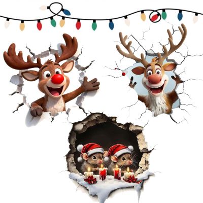 Christmas Creative Wall Stickers, Christma 3D Santa Wall Sticker Removable, Creating Breaking Through Wall Design,Reindeer Cartoon Funny Christmas Wall Stickers Living Room Dcor (3PCS-B)