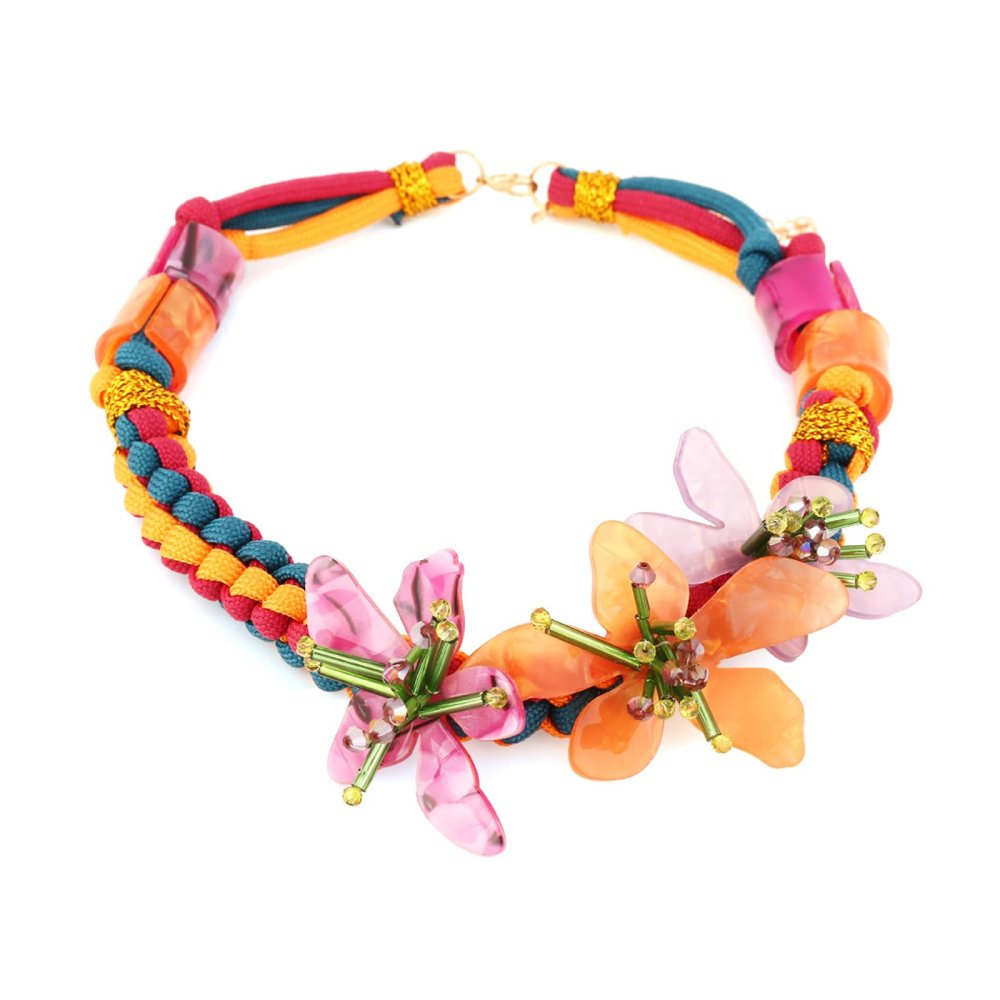 Bohemian Bead Acrylic Flower Hand Woven Resin Necklace For Women,multicolored,40+6cm