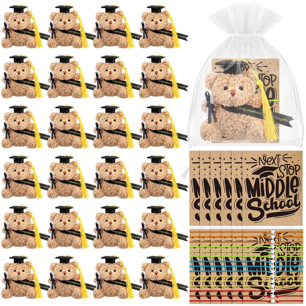 25 Sets/100 Pcs Elementary School 5th Grade Graduation Gifts Set 25 Mini Graduation Stuffed Bears in Cap with 25 Bracelets Next Stop Middle School Cards Bags for Class of 2026 Party