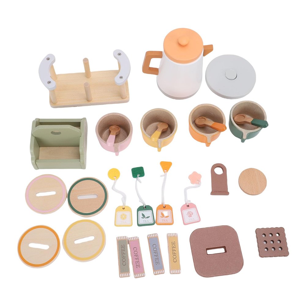 Asixxsix Wooden Tea Party Set for Little Girls, Educational Toddler Tea Set with Cups Spoon Kettle Rack Coffee Pieces, Wooden Tea Set for Toddlers Fine Motor Skills Development
