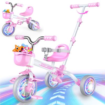 Kkdi 5 in 1 Toddler Bike for 1-5 Year Old, Tricycle with Push Handle, Convertible Baby Balance Bike, Bicycle, Color Light Wheel & Detachable Pedal, 4-Position Seat, Toddler Girl Birthday Gift, Toy