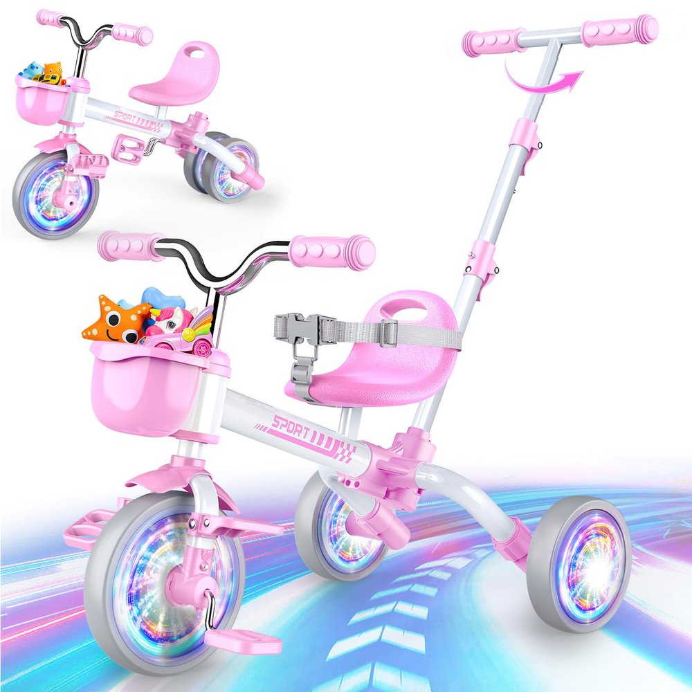 Kkdi 5 in 1 Toddler Bike for 1-5 Year Old, Tricycle with Push Handle, Convertible Baby Balance Bike, Bicycle, Color Light Wheel & Detachable Pedal, 4-Position Seat, Toddler Girl Birthday Gift, Toy