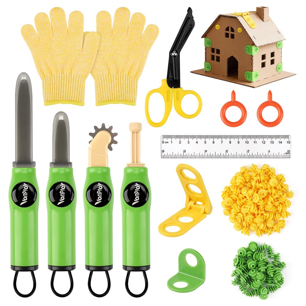 Vanplay Cardboard Cutter for Kids - Cardboard Tools for Kids, Cardboard Cutting Tool Set with Fold-Roller & Gloves, STEM Educational Construction Toys Gift for 5-9 Year Old Boys Girls